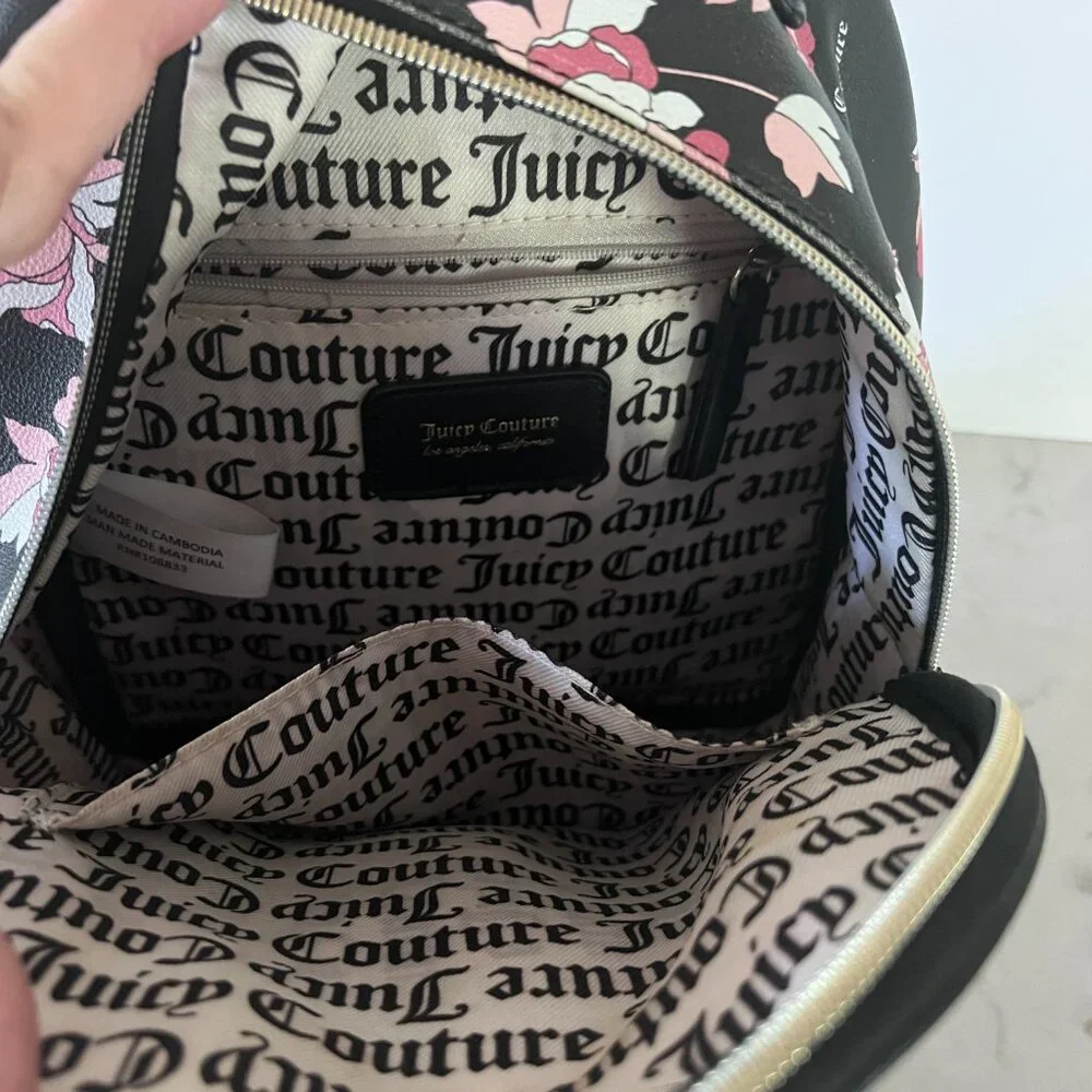 Juicy Couture Floral Mini Backpack Black Pink‎ Peony Gold Logo Faux Leather Bag
